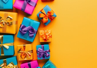 Gift Boxes on Vibrant Yellow Background with Ample Copy Space - Celebration, Gifting Concept, Holiday Season - Retail, Marketing.