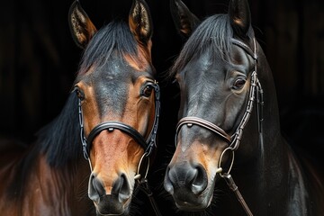 Fototapeta premium The compelling image showcases a pair of striking horses, their eyes and expressions captured in beautiful detail, adorned with elegant bridles