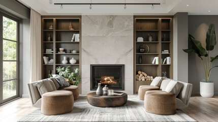A living room with a fireplace and a large bookshelf. The room has a cozy and inviting atmosphere