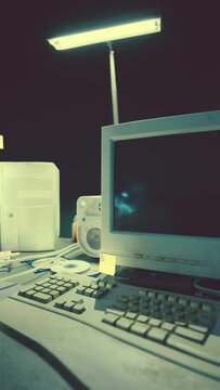 A room filled with a variety of appliances, including old computer equipment, creating a cluttered and tech-filled space with distortion and interference.