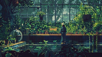 Craft a surreal scene of a gardener tending to biodome plants from beneath the soil level, showcasing pixel art techniques to bring an unexpected twist to traditional gardening visuals, - obrazy, fototapety, plakaty