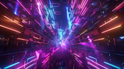 Explore a futuristic music festival scene from an unexpected tilted angle view, showcasing holographic performances under neon lights in CG 3D rendering, - obrazy, fototapety, plakaty