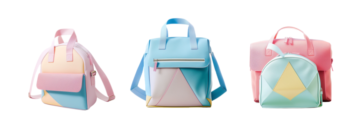 set of different school bags with triangular motifs and pastel shades, for a soft aesthetic, isolated on transparent background