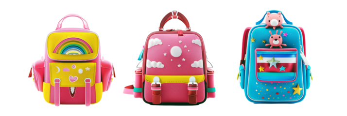 set of different classic school bags for elementary students, with cartoon characters and bright colors, isolated on transparent background