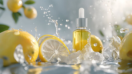Serum and cosmetics with vitamin C. Essential oil from citrus fruits in a bottle of lemon liquid	
