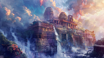 Ancient fantasy stone temple. Epic fantasy landscape.