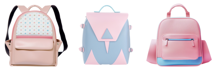 set of different school bags with triangular motifs and pastel shades, for a soft aesthetic, isolated on transparent background