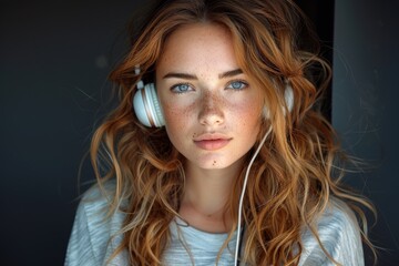 Close-up of a beautiful young woman with freckles and blue eyes wearing white headphones looking at the camera - obrazy, fototapety, plakaty
