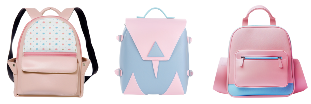 set of different school bags with triangular motifs and pastel shades, for a soft aesthetic, isolated on transparent background