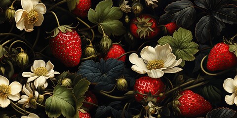 Clean seamless repeating pattern of strawberries with floral decoration witj flowers and leaves background scene - obrazy, fototapety, plakaty
