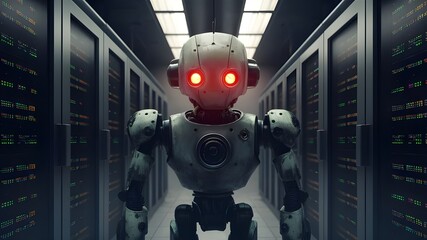Evil robot with red glowing eyes is inside of data center. 