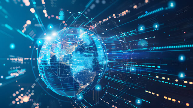 A digitized earth orbited by network circuits. with representations of programmers working around it in various actions. The background is deep azure