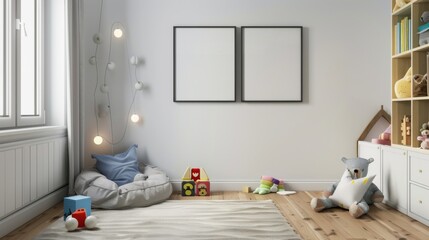 A room with a white wall and a black framed picture. The room is empty except for a teddy bear on the floor