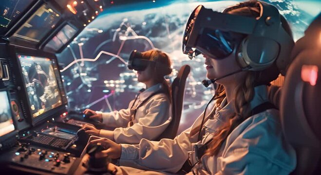 Girl wearing a virtual reality headset and headphones sits in a spaceship and looks at the control panel.