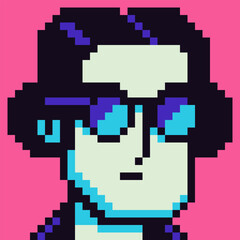 Pixel art woman face with glasses, 8-bit, avatar female character, cartoon vector icon, game user or web profile persons and people, social net portrait, minimalistic fashion, vector