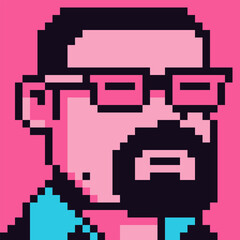 8-bit man with beard in glasses, avatar pixel art male character, cartoon vector icon, game user or web profile person, people, social net portrait, young guy face, minimalistic fashion, vector