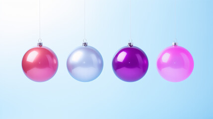 Festive Christmas Hanging Bauble Background. Shiny Puink and Purple Ornaments on Winter Blue Backdrop with Copy Space.
