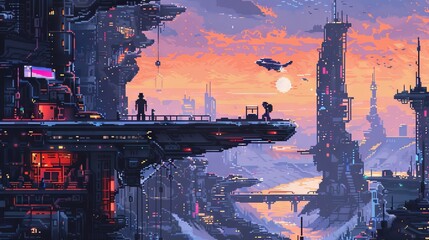Illustrate a futuristic utopia where extreme sports reign supreme using pixel art Experiment with innovative lighting to create a mesmerizing scene that combines adrenaline and serenity, - obrazy, fototapety, plakaty