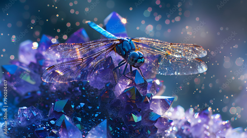 Poster a dragonfly with metallic colors resting on the tip of a mysterious. luminous indigo and violet crys