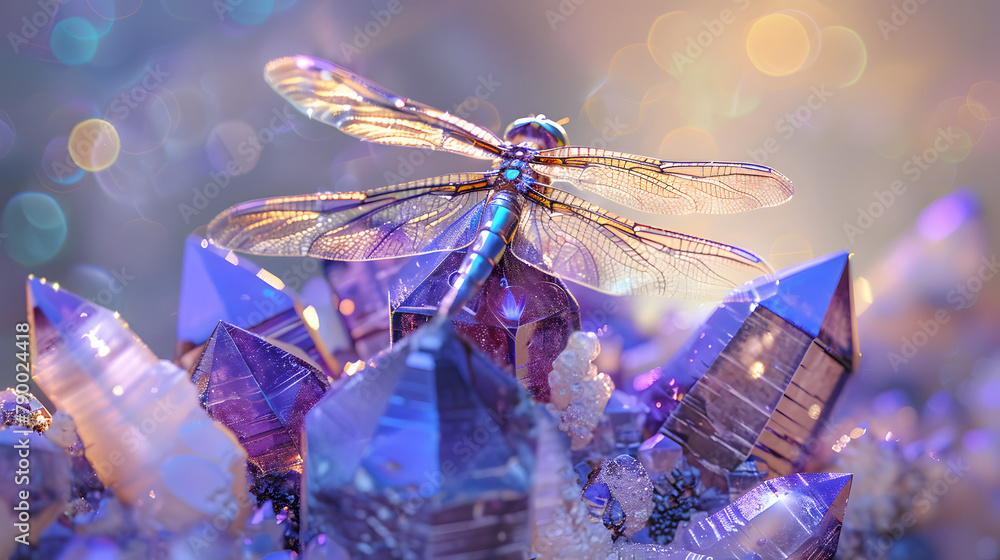 Poster a dragonfly with metallic colors resting on the tip of a mysterious. luminous indigo and violet crys