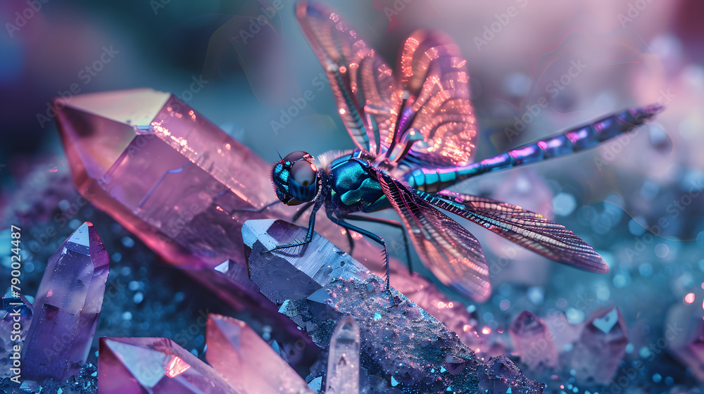 Poster a dragonfly with metallic colors resting on the tip of a mysterious. luminous indigo and violet crys