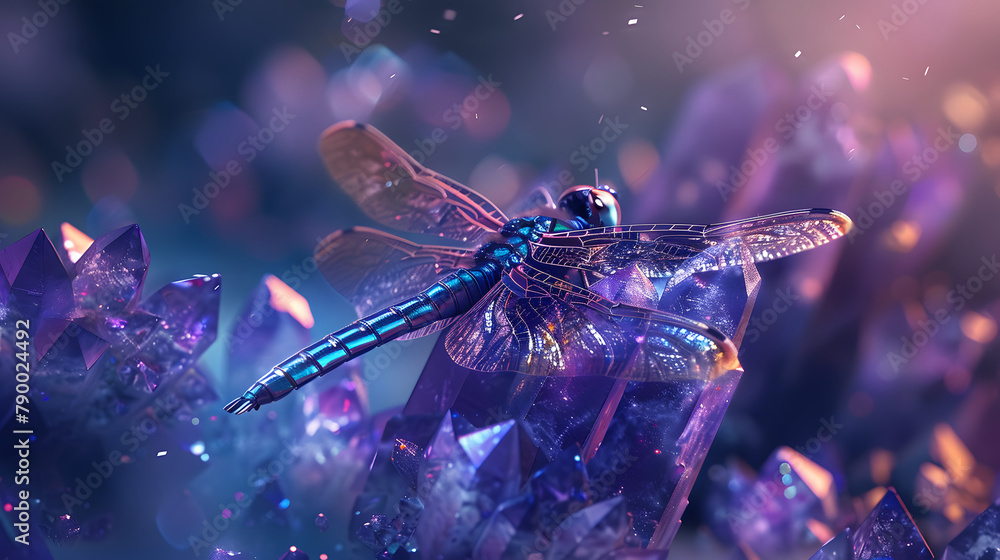 Poster a dragonfly with metallic colors resting on the tip of a mysterious. luminous indigo and violet crys