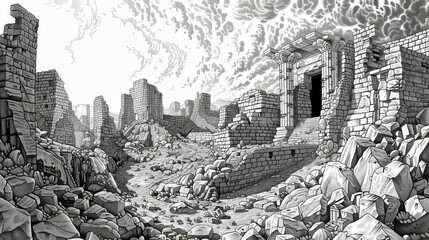 Illustrate a gripping scene of a mysterious archaeological dig site from a worms-eye view in a detailed pen and ink style for a documentary poster on ancient civilizations,