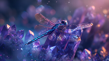 A dragonfly with metallic colors resting on the tip of a mysterious. luminous indigo and violet crystal cluster.  - obrazy, fototapety, plakaty