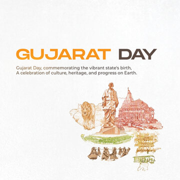 A creative design celebrating Gujarat Day, featuring illustrations of the state&rsquo;s iconic landmarks, culture, and heritage. The artwork emphasizes Gujarat's vibrant traditions and progressive spirit