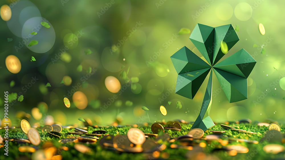 Poster a emerald fabric st. patricks clover made of geometric shapes stands on the lawn. surrounded by gold