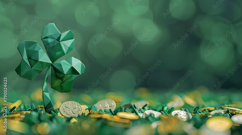 Poster a emerald fabric st. patricks clover made of geometric shapes stands on the lawn. surrounded by gold
