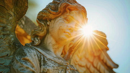 Antique statue of wonderful angel in the rays of the sun