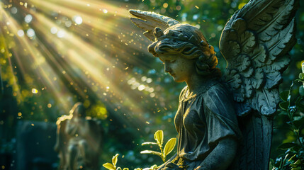 Antique statue of wonderful angel in the rays of the sun