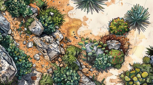 Illustrate an overhead view of a lush garden oasis in the midst of a barren wasteland, blending watercolor and pen and ink for a unique contrast of life and decay,