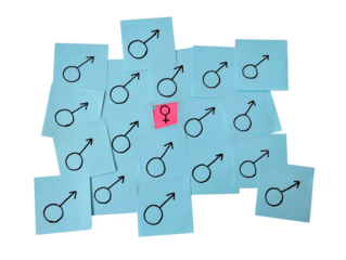 Sticky notes that talk about feminism in the sense of the invisibility of women in today's society in favor of men.