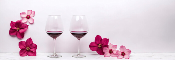 Side view of two red wine glasses with red and pink flowers petals over white background, side...