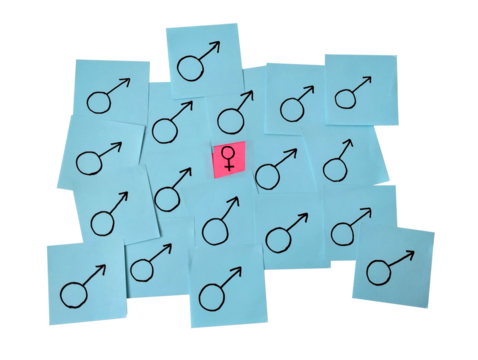 Sticky notes that talk about feminism in the sense of the invisibility of women in today's society in favor of men.