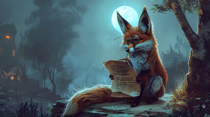 A fox donning a sophisticated monocle and clutching an ancient scroll. with its ears perked up - obrazy, fototapety, plakaty