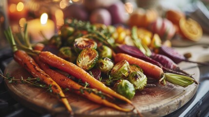 Artistic Roasted Vegetables on Wooden Board: Carrots, Sprouts, Beets - obrazy, fototapety, plakaty