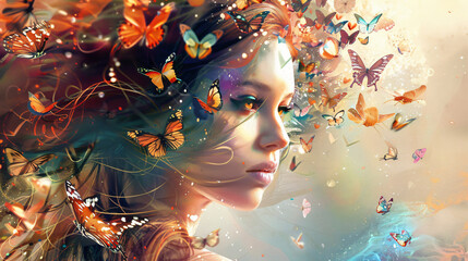 Art illustration of beautiful fantasy woman with butterflies
