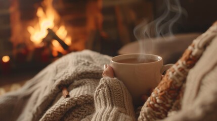 Cozy Indoor Scene with Hot Spiced Cider and Fireplace Background