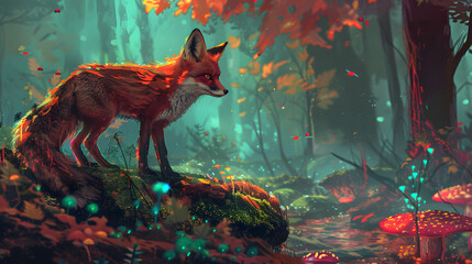 A fox with fiery colors prowling near an ethereal. sparkling ruby and emerald mushroom forest. 