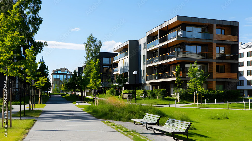Poster a futuristic condominium with energy-efficient windows. representing energy saving and eco-friendly 