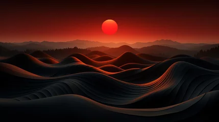 Fotobehang Minimalist dark geometric 3D landscape with rolling hills, © Anuwat