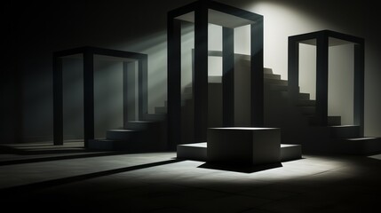 Minimalist, dark geometric shadows cast by floating 3D squares,