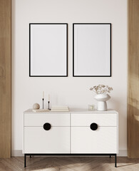 3d render of a modern mockup interior with black frames on beige wall with white sideboard and a vase with small flowers.