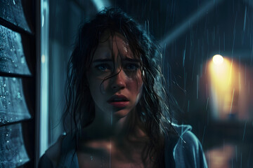 Horrified woman, scared girl stands near house in rain at night, fear theme