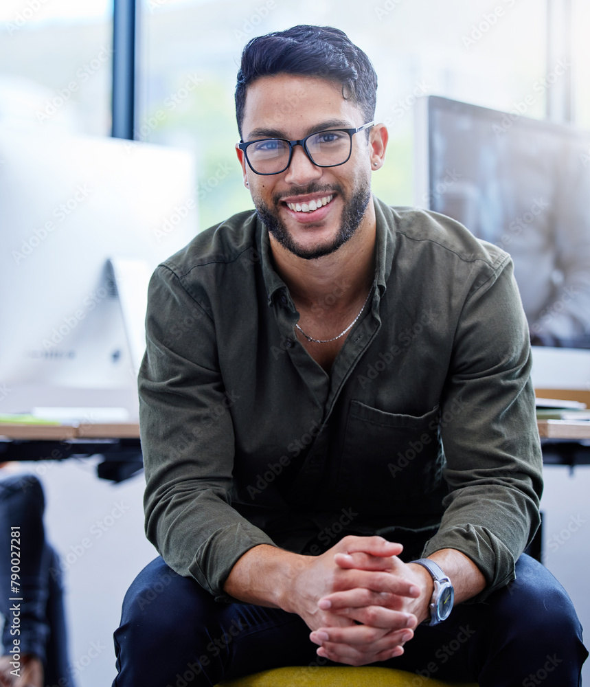 Poster man, startup or computer with smile in portrait at office, happiness for job with web design. male e