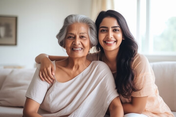 Happy indian elderly mom and young daughter hugging together