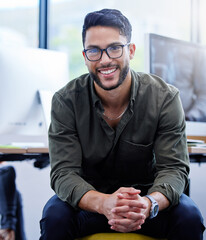 Man, startup or computer with smile in portrait at office, happiness for job with web design. Male...